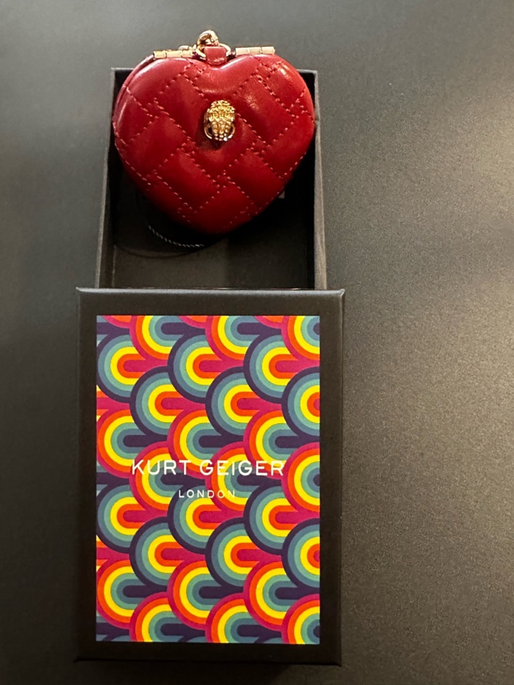 Kurt Geiger Red Quilted Heart Double Sided Keyring Mirror with Gold Hardware - Picture 9 of 9